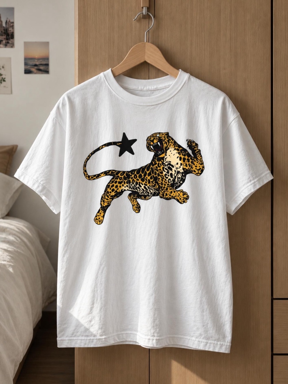 White Leopard Star Graphic Tee, Retro Animal Print Unisex T-Shirt